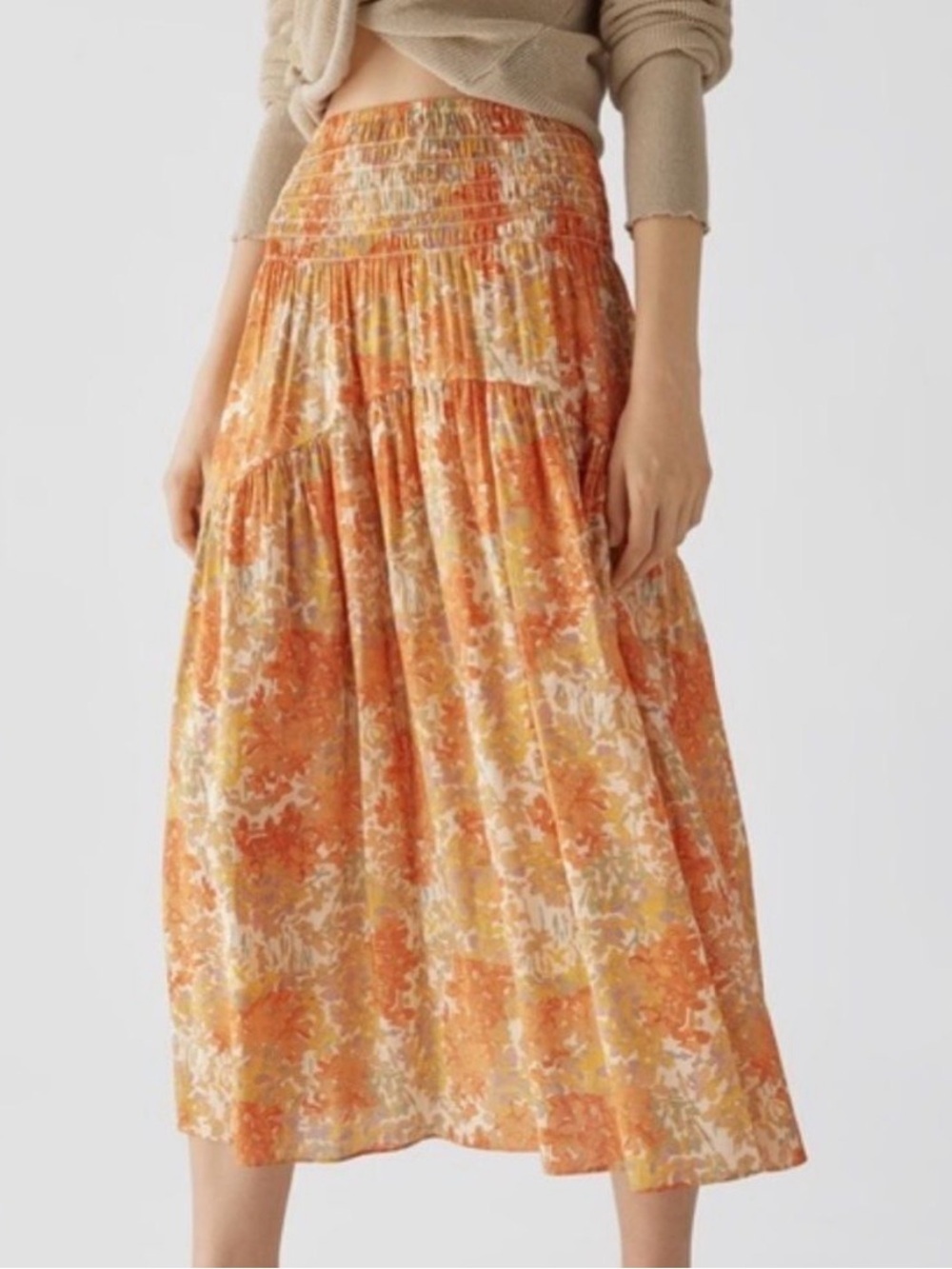 Orange Floral Smocked Midi Skirt - Picture 2 of 8
